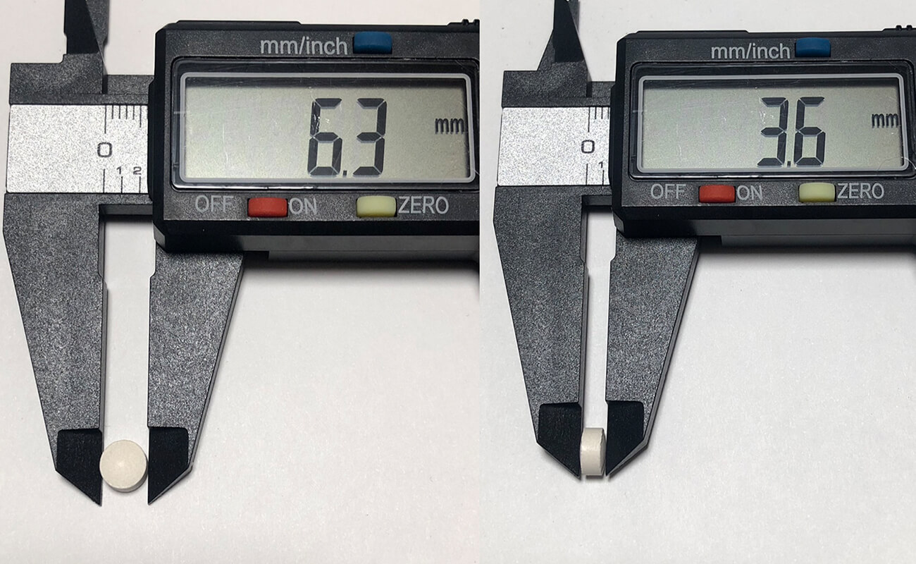 フィリトラプロフェッショナルの錠剤直径6.3mmと厚さ3.6mmの精密計測