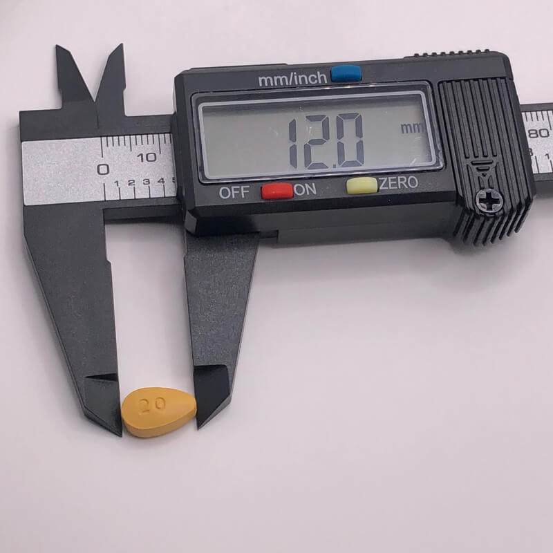 タダシップ 20mg 涙型錠剤の長辺サイズ測量(12.0mm)